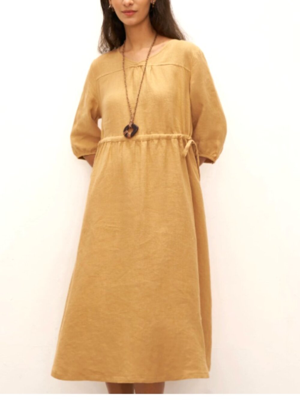 Lintico 100% Linen ALine Drawstring Waist Midi Dress Timeless Minimalist Coastal